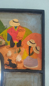 Wood Framed Mirror On Folk Art Painting, Small Wall Hanging Mirror