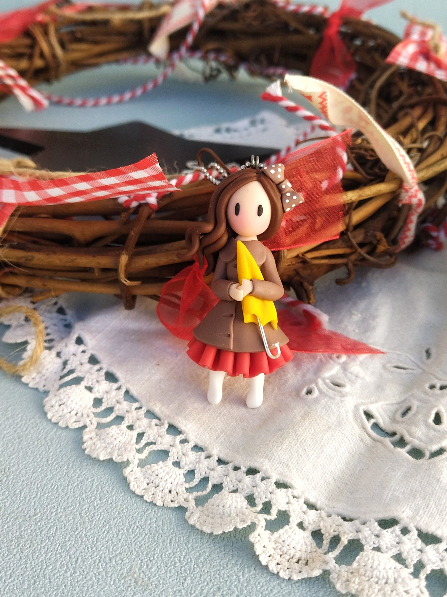 Miniature Fall Girl With Umbrella Necklace