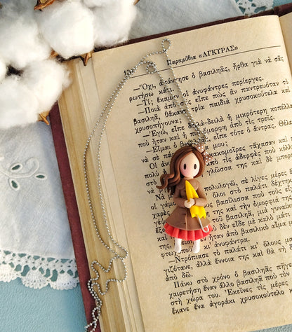 Miniature Fall Girl With Umbrella Necklace