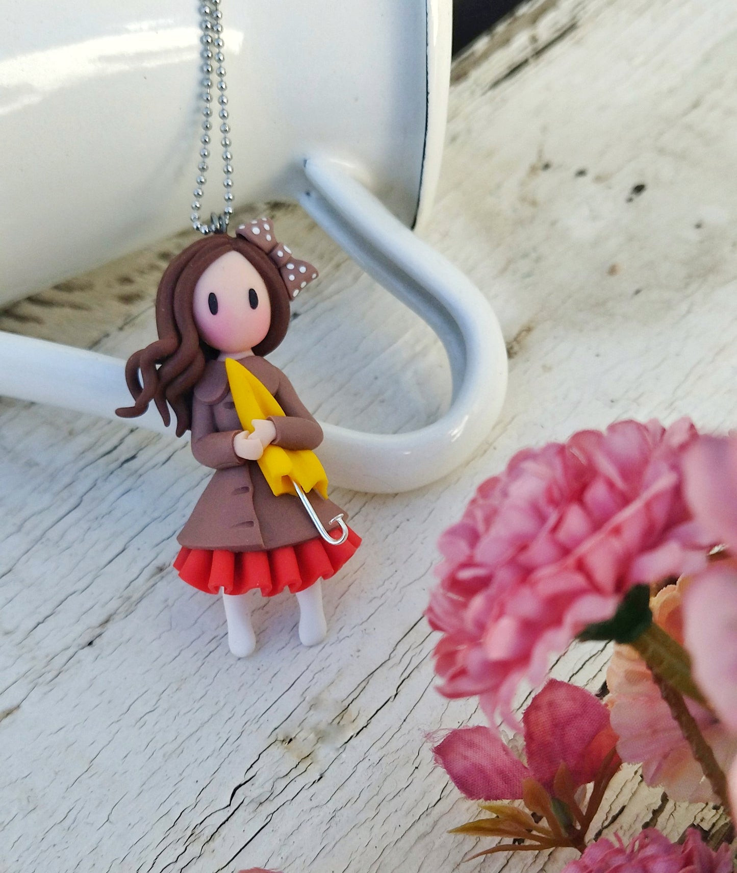 Miniature Fall Girl With Umbrella Necklace