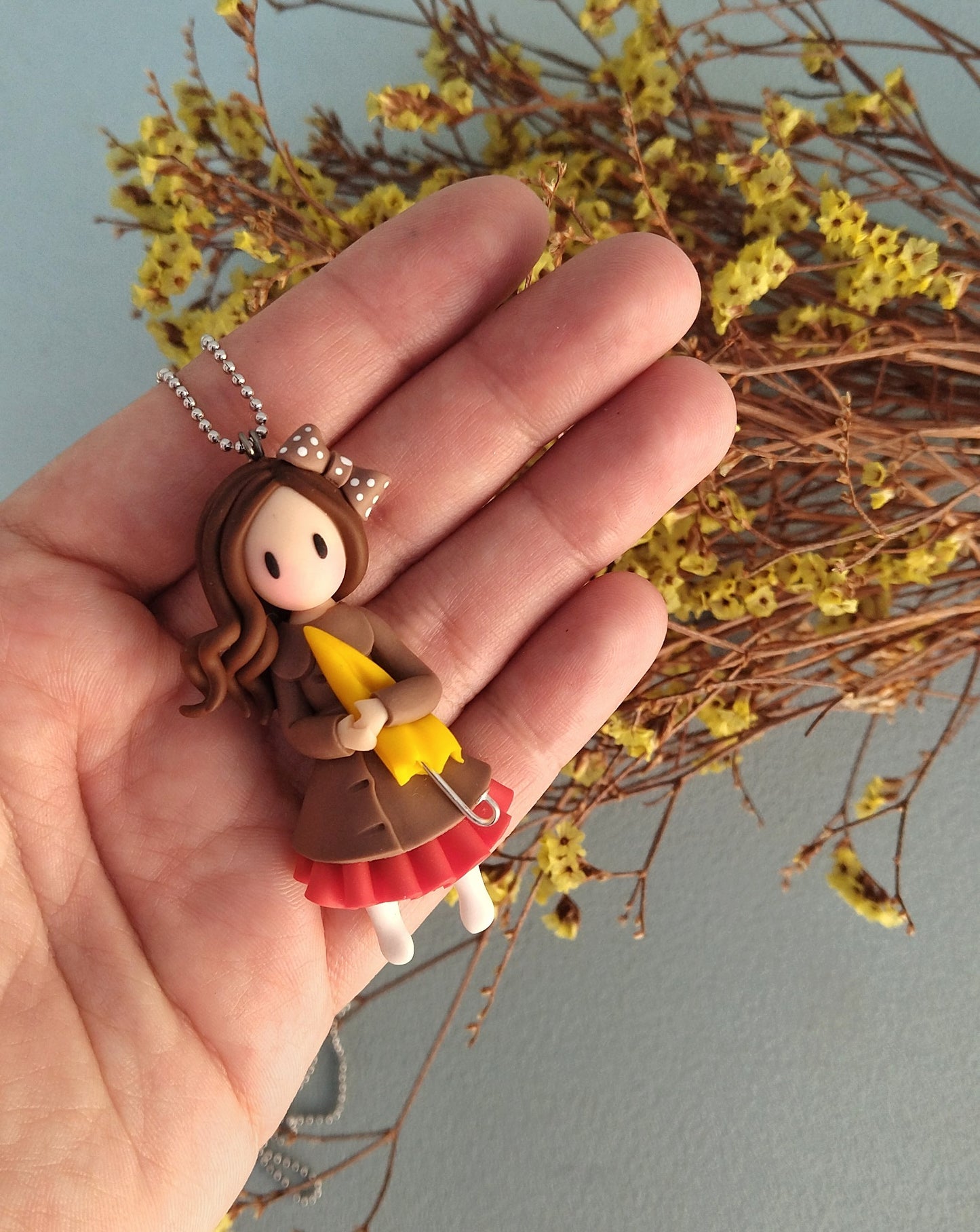 Miniature Fall Girl With Umbrella Necklace
