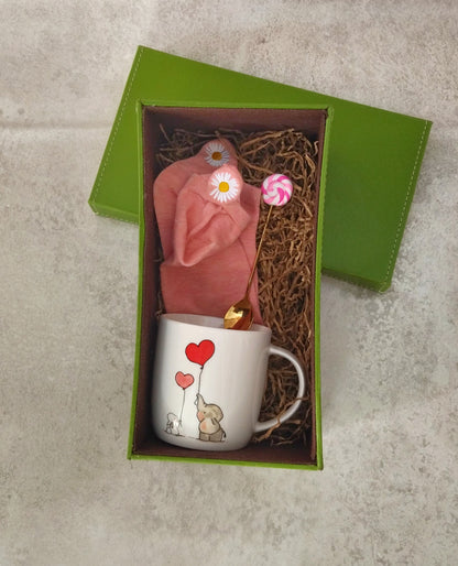 Hug In A Box, Cute Ceramic Cup With Cute Spoon And Embroidered Socks