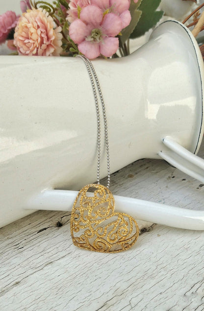 Large Heart Necklace, Sterling Silver Layered Necklace, Filigree Heart Jewelry