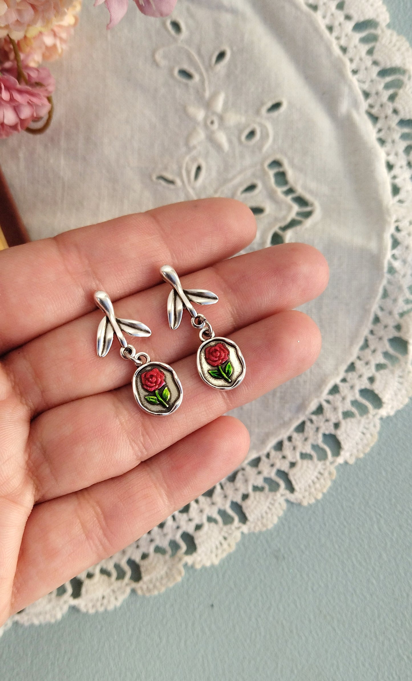 Beauty And the Beast Rose Flower Earrings