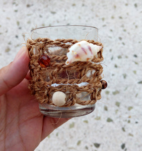 Nautical Glass Tealight Candle Holder With Burlap Cord And Seashells