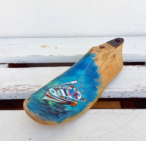 Handpainted Shoe Last, Vintage Wooden Shoe Form With Fishing Boat Painting