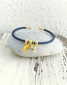 Personalized Crescent Moon Bangle Bracelet, Adjustable Layering Bracelet With Moon Phase