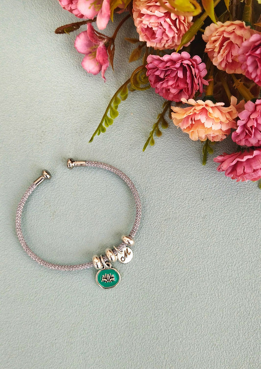 Silver Personalized Lotus Flower Bangle Bracelet, July Birth Month Flower Jewelry Gift