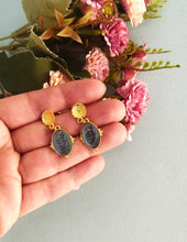 Load image into Gallery viewer, Gold And Dusty Blue Flower Dangle Earrings, Intaglio Style Jewelry
