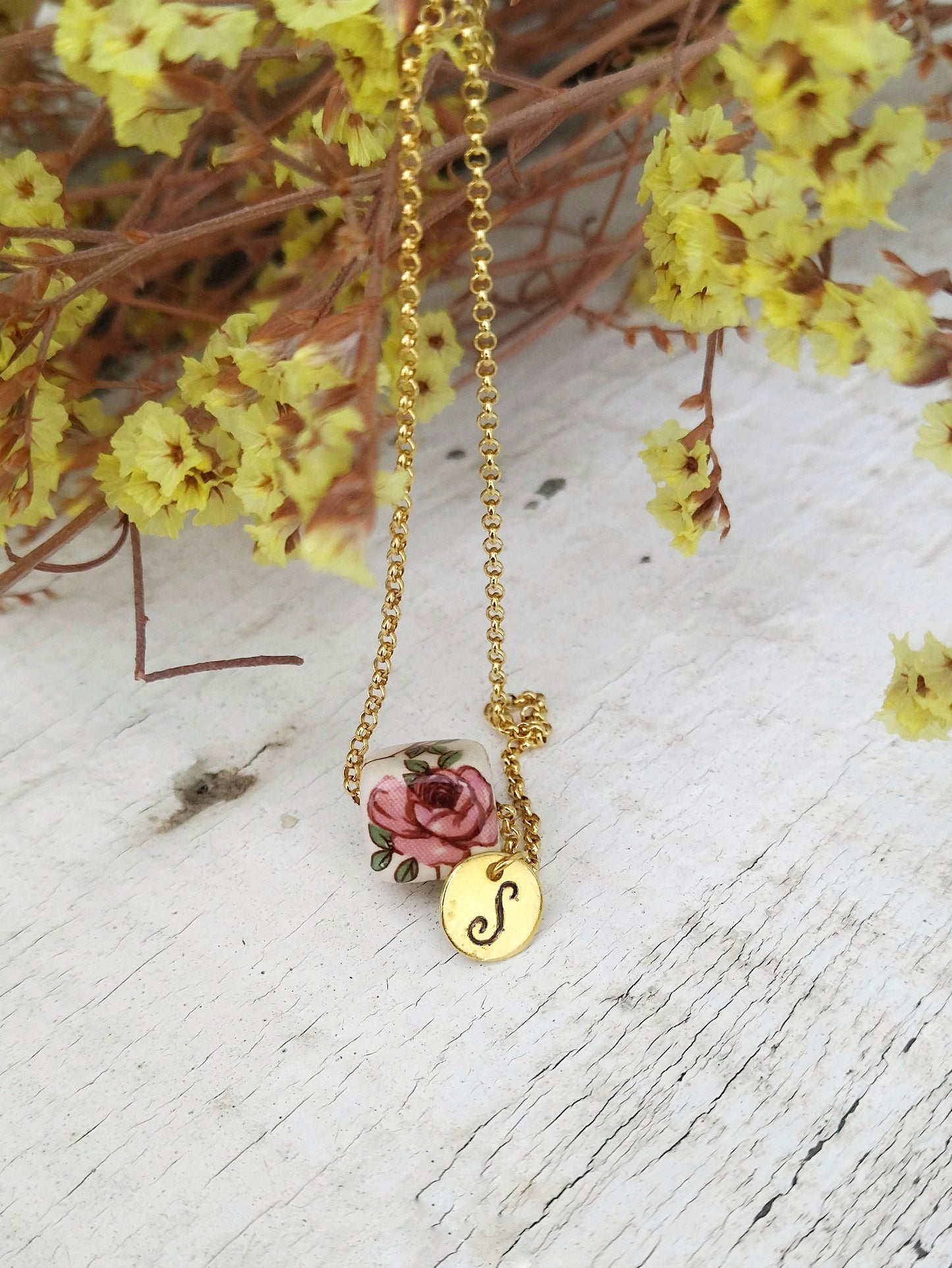 Personalized Ceramic Flower Necklace, Pink Rose Necklace With Your Bridesmaid Initial