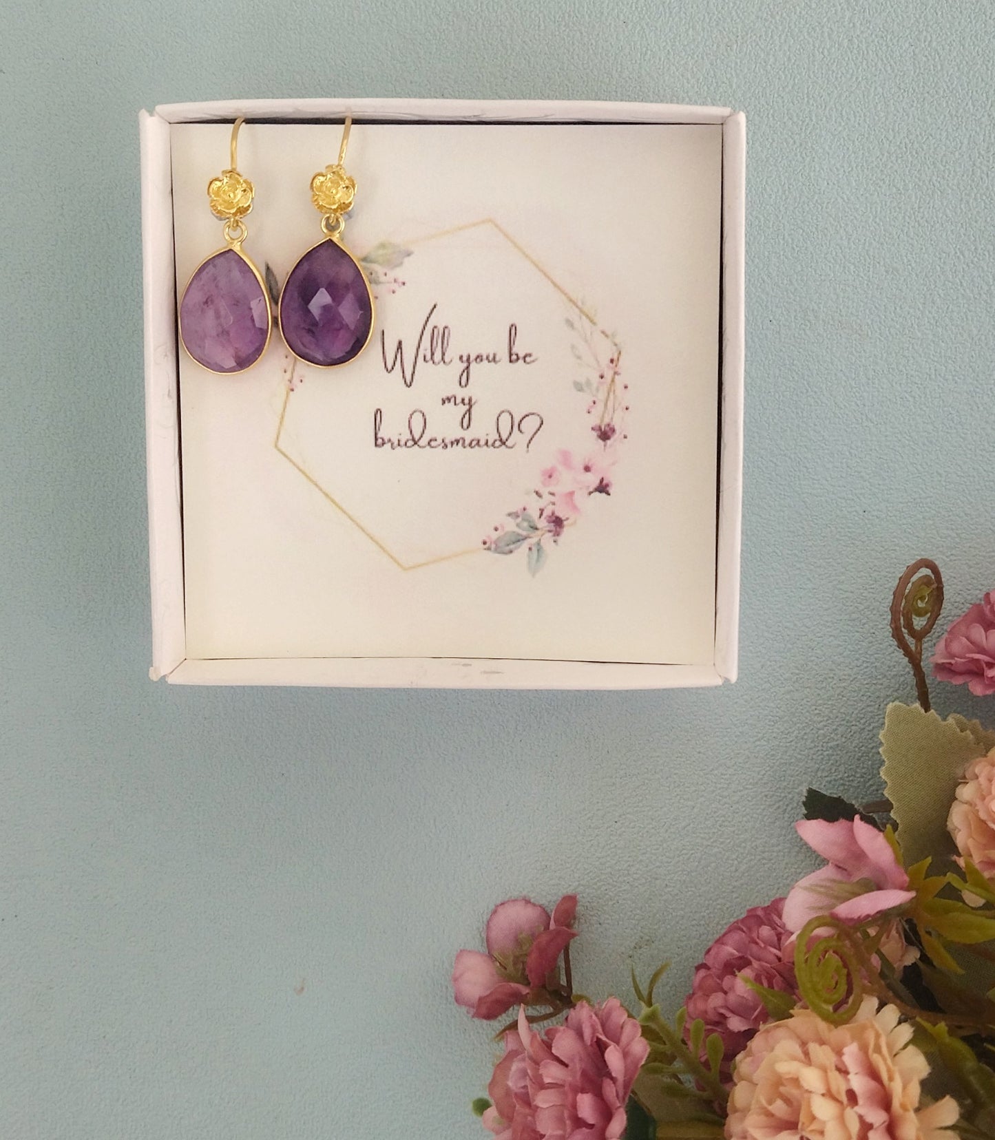 Amethyst Teardrop Bridesmaid Earrings, Lavender Wedding Theme Proposal Box For Maid Of Honor