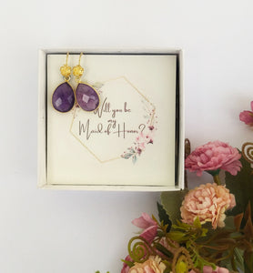 Amethyst Teardrop Bridesmaid Earrings, Lavender Wedding Theme Proposal Box For Maid Of Honor