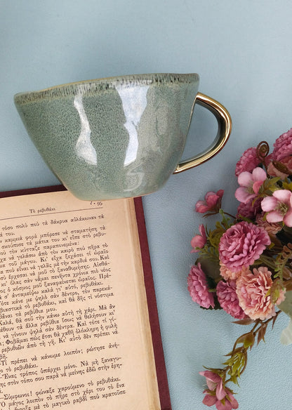 Extra Large Stoneware Mug, Eclectic Porcelain Mugs With Gold Handle