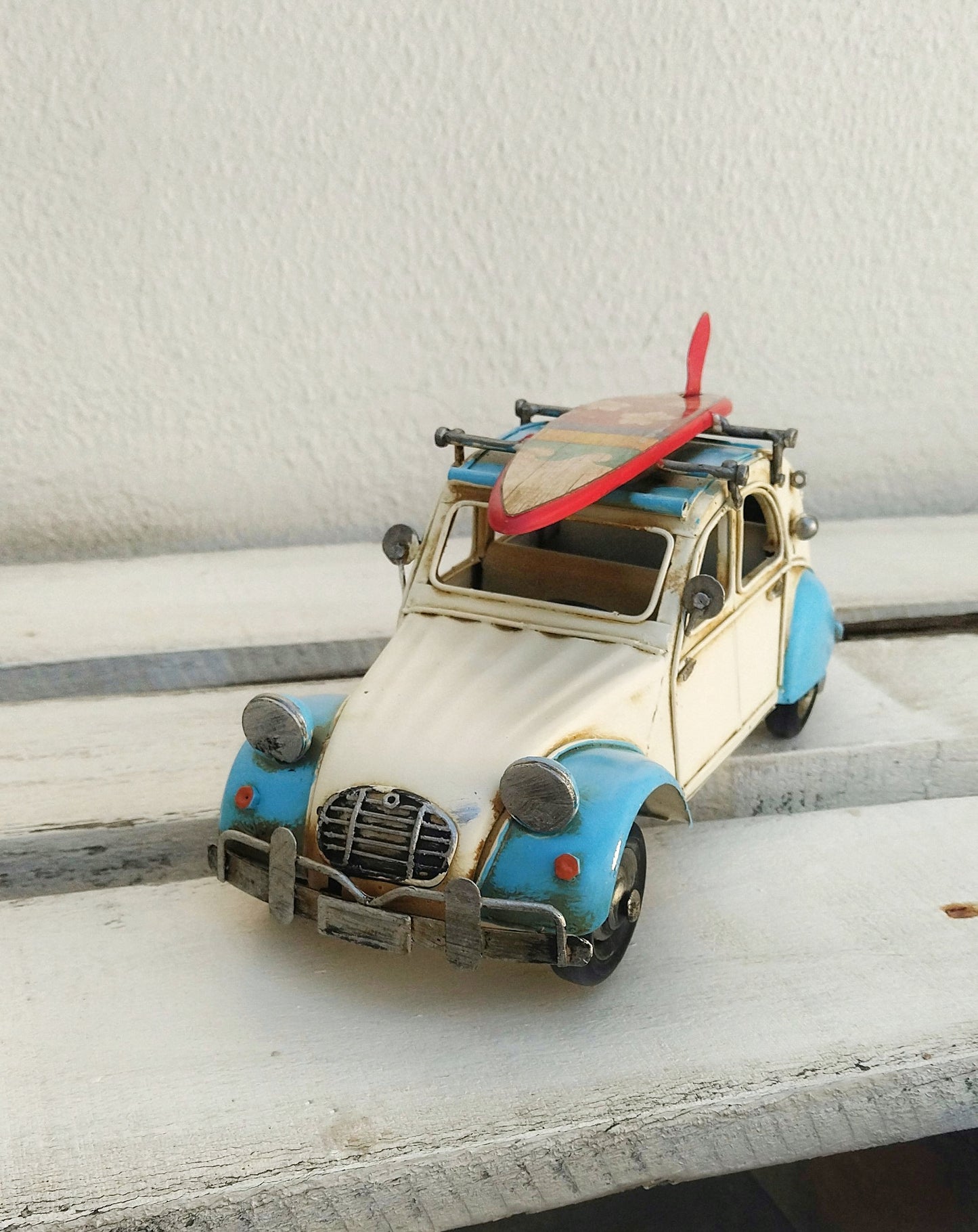 Retro Citroen 2 CV Metal Car, Vintage Beetle Car With Surf Board