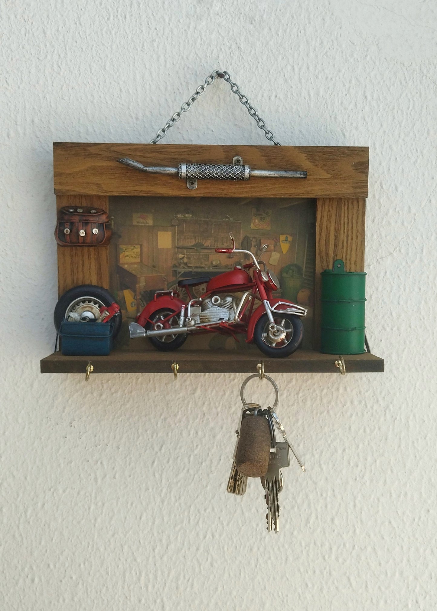 Motorcycle Garage Key Holder For Wall, Key Organizer With Retro Motorbike