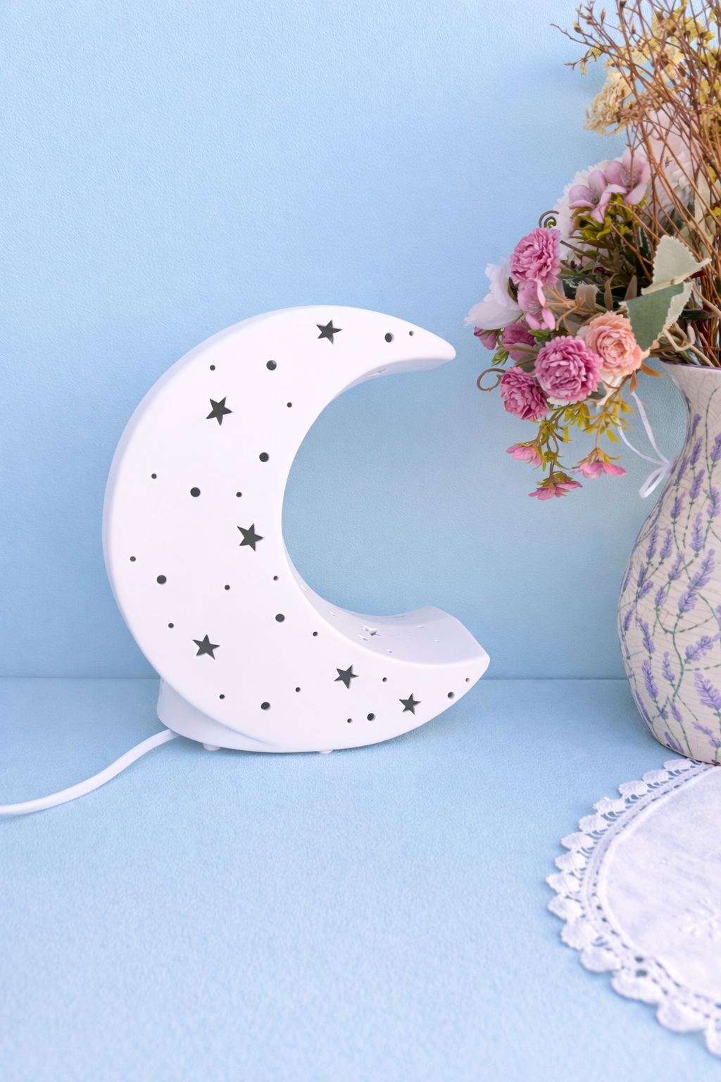 Moon Porcelain Table Lamp, Starry Night Nursery Night Light, Cute Kids Room Nightstand Lamp Decor