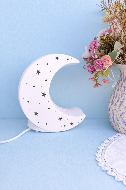Moon Porcelain Table Lamp, Starry Night Nursery Night Light, Cute Kids Room Nightstand Lamp Decor