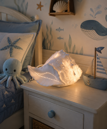 Porcelain Conch Shell Table Lamp, Ocean Theme Nursery Decor, Nautical Beach House Night Light