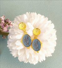 Load image into Gallery viewer, Gold And Dusty Blue Flower Dangle Earrings, Intaglio Style Jewelry
