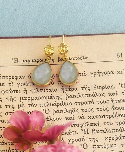 Bridesmaid 22K Gold Earrings, Teardrop Gemstone Earrings For Minimalist Wedding