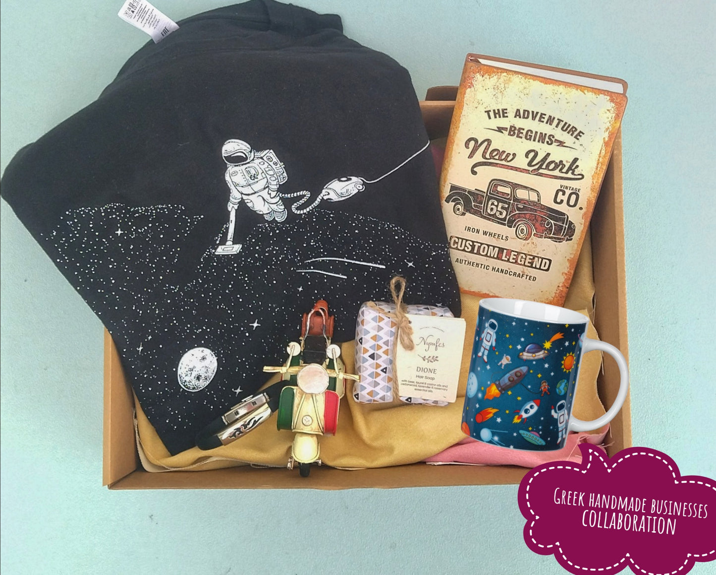 Space Birthday Gift Box For Boyfriend With Cotton Astronaut T-Shirt / Retro Motorcycle / Ceramic Mug And Vegan Beard Oil