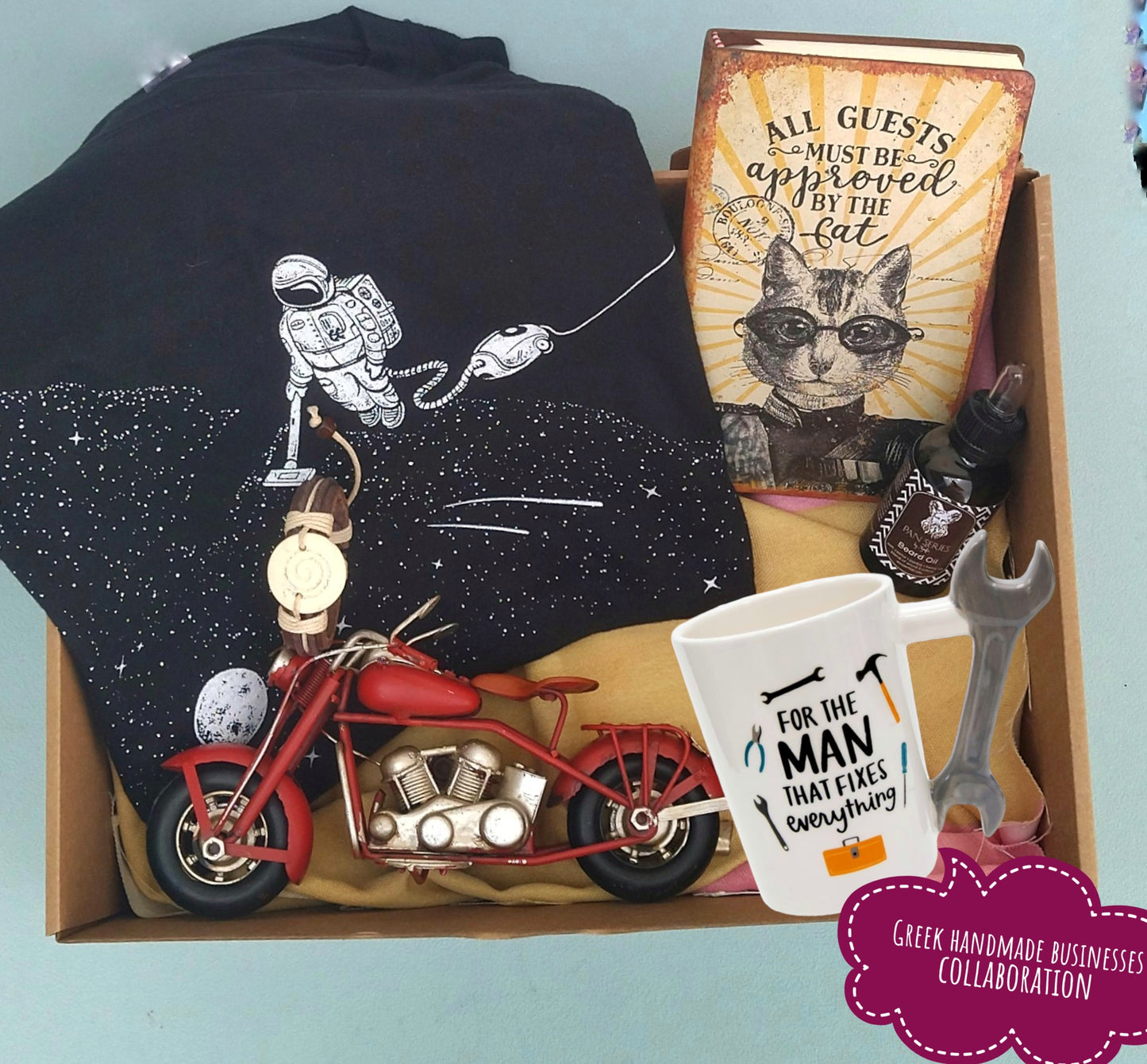 Space Birthday Gift Box For Boyfriend With Cotton Astronaut T-Shirt / Retro Motorcycle / Ceramic Mug And Vegan Beard Oil