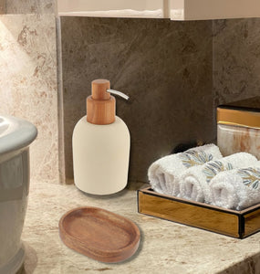 Soap Dispenser Toothbrush Holder And Soap Dish, Cement And Acacia Wood Bathroom Set Active