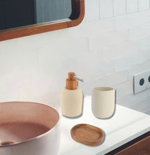 Load image into Gallery viewer, Soap Dispenser Toothbrush Holder And Soap Dish, Cement And Acacia Wood Bathroom Set Active

