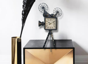 Vintage Film Movie Camera Table Clock, Industrial Analog Floor Clock