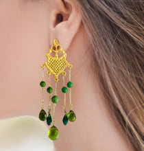Load image into Gallery viewer, Long 24k Gold Dangle Earrings, Emerald Green Drop Earrings

