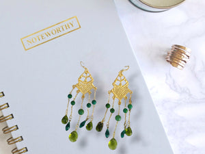 Long 24k Gold Dangle Earrings, Emerald Green Drop Earrings