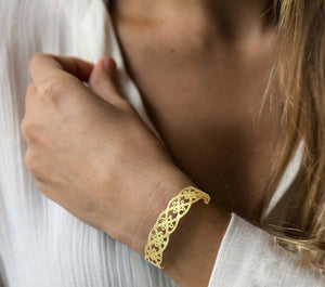24k Gold Lace Bracelet, Gold Plated Brass Bangle Bracelet Inspired In Doilies Patterns