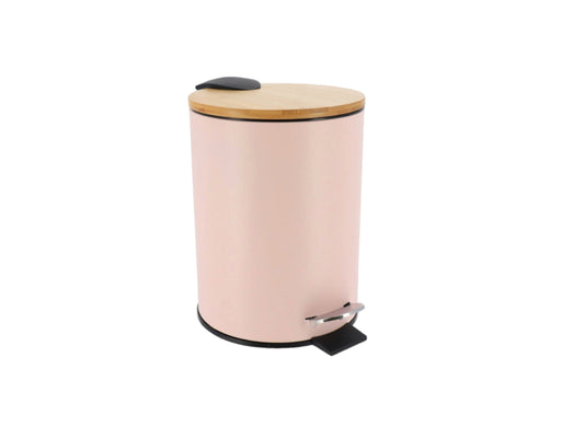 Peach Pink Metal Trash Can With Bamboo Cover, 2.5 Liters