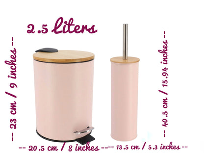 Peach Pink Metal Trash Can With Bamboo Cover, 2.5 Liters