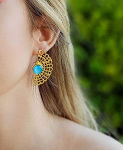 22k Gold Long Lace Stud Earrings With Quartz Gemstone, Fan Earrings Inpired In Vintage Doily Crochets