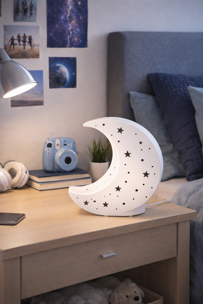 Moon Porcelain Table Lamp, Starry Night Nursery Night Light, Cute Kids Room Nightstand Lamp Decor