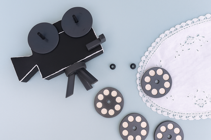 Vintage Film Movie Camera Coasters Holder with Set of 4 Ceramic Film Coasters, Filmmaker Gift Idea