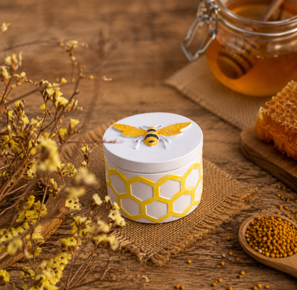 Bee Jewelry Set in Honeycomb Porcelain Jewelry Box, Adjustable Bee Ring and Tiny Bee Stud Earrings