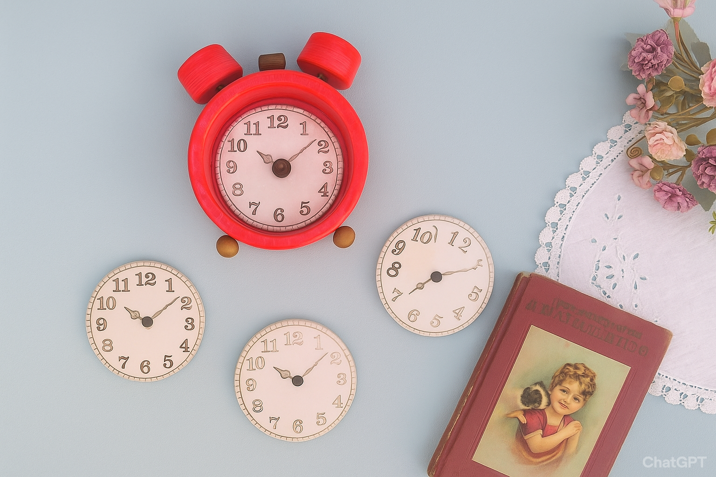 Round Ceramic Coasters Set of 4, Retro Wooden Desk Clock with Clock Face-Shaped Coasters, Funny Gift For Clock Collector