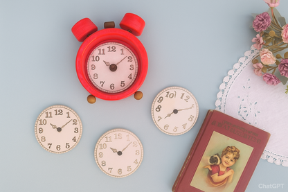 Round Ceramic Coasters Set of 4, Retro Wooden Desk Clock with Clock Face-Shaped Coasters, Funny Gift For Clock Collector