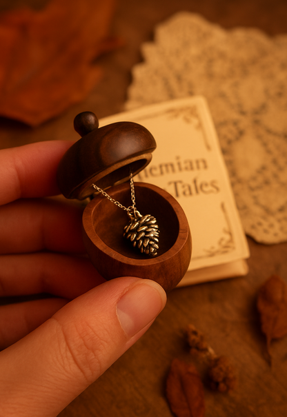 Silver Pinecone Necklace in Wooden Acorn Gift Box, Minimalist Woodland Jewelry
