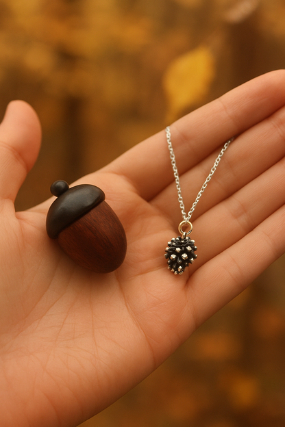 Silver Pinecone Necklace in Wooden Acorn Gift Box, Minimalist Woodland Jewelry