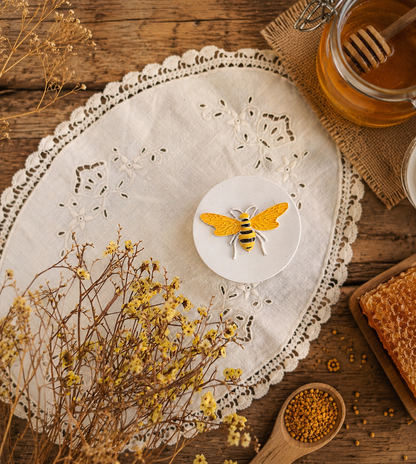 Bee Jewelry Set in Honeycomb Porcelain Jewelry Box, Adjustable Bee Ring and Tiny Bee Stud Earrings