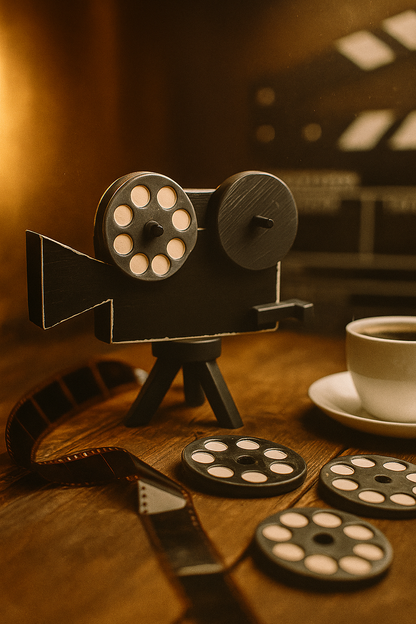 Vintage Film Movie Camera Coasters Holder with Set of 4 Ceramic Film Coasters, Filmmaker Gift Idea