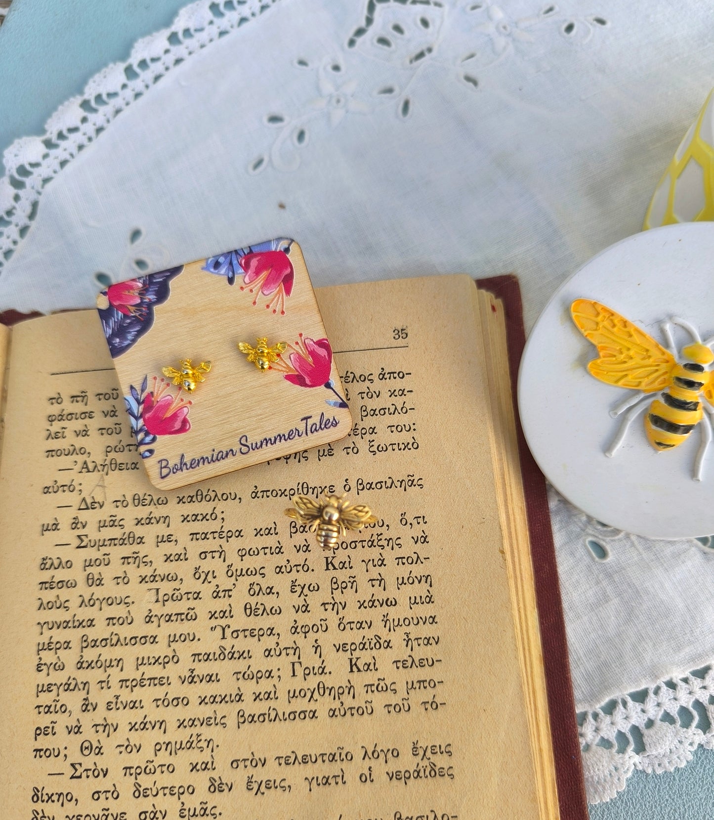 Bee Jewelry Set in Honeycomb Porcelain Jewelry Box, Adjustable Bee Ring and Tiny Bee Stud Earrings