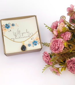 Dainty Gold Birthstone Necklace, Personalized Teardrop Gemstone Pendant