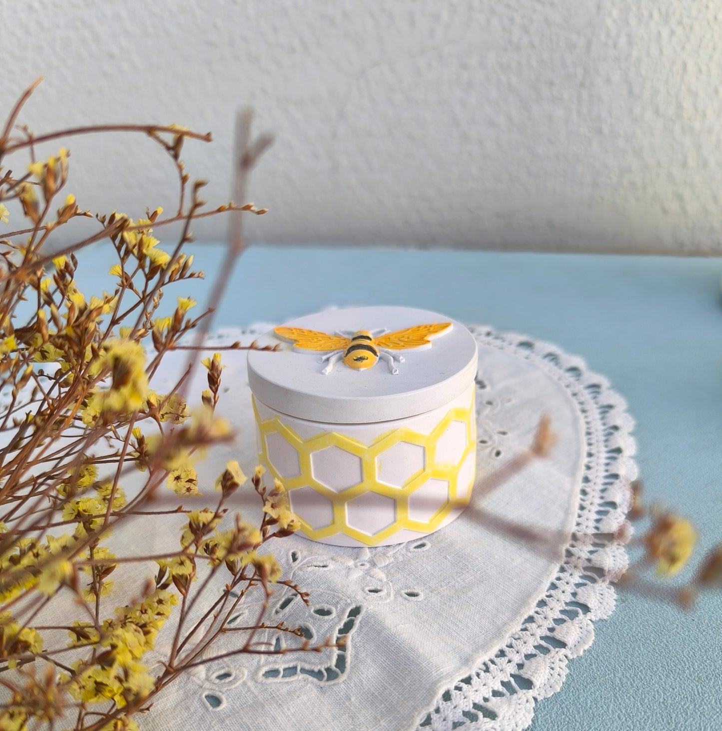 Bee Jewelry Set in Honeycomb Porcelain Jewelry Box, Adjustable Bee Ring and Tiny Bee Stud Earrings