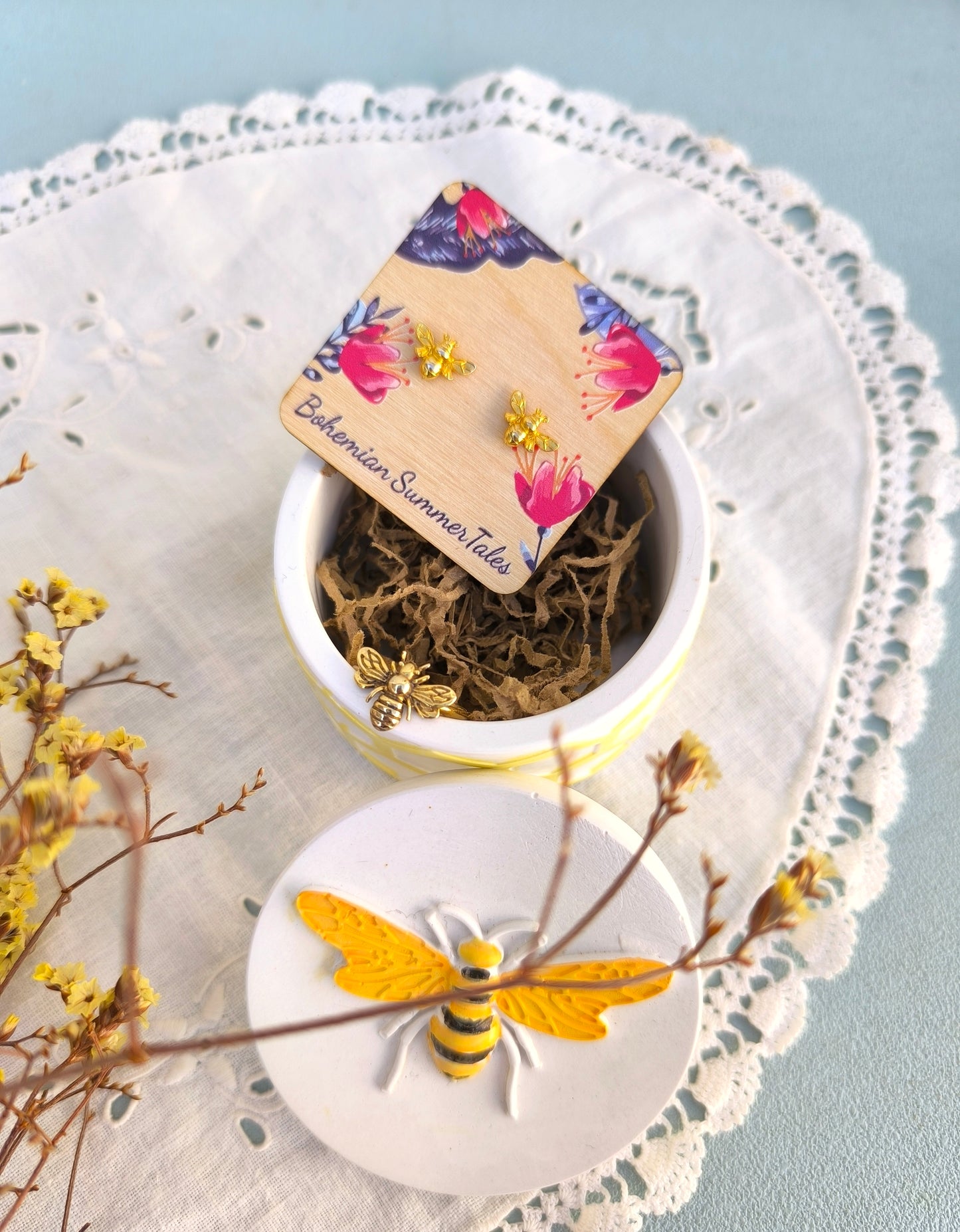 Bee Jewelry Set in Honeycomb Porcelain Jewelry Box, Adjustable Bee Ring and Tiny Bee Stud Earrings