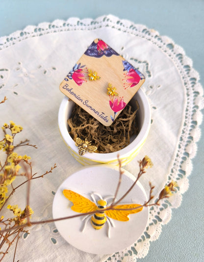 Bee Jewelry Set in Honeycomb Porcelain Jewelry Box, Adjustable Bee Ring and Tiny Bee Stud Earrings