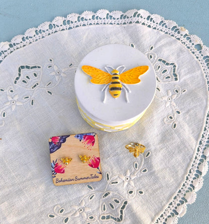 Bee Jewelry Set in Honeycomb Porcelain Jewelry Box, Adjustable Bee Ring and Tiny Bee Stud Earrings